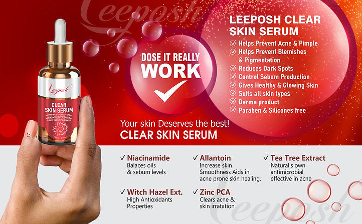 Cosderma Leeposh Clear Skin Serum 12% Niacinamide Serum + Zinc PCA 2% for Acne, Spot, Scars, Marks Melasma, 30ml